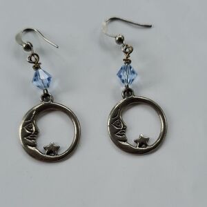 Silver Moon and Star Earrings with Blue Accents